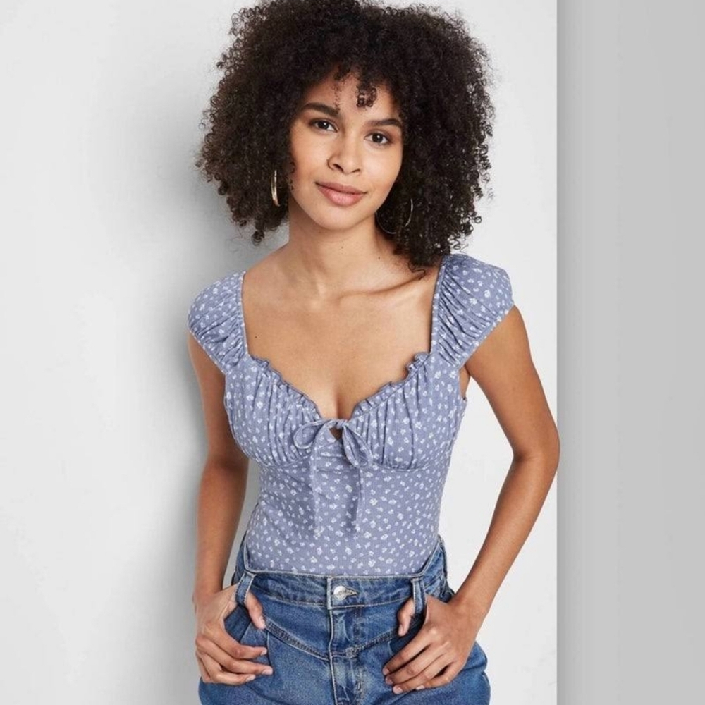 Wild Fable - XS - Blue Floral Tie Front Bodysuit
